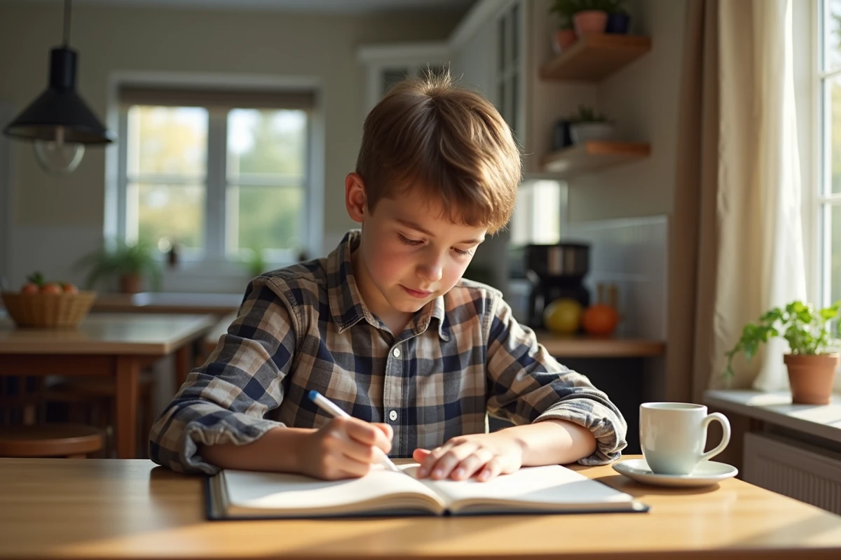 Adolescent écrivant dans un journal près d une fenêtre ensoleillée