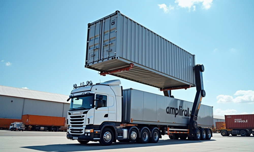 Camion ampliroll soulevant un conteneur métallique dans un yard industriel