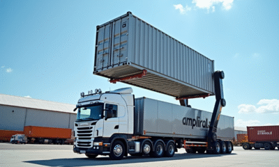 Camion ampliroll soulevant un conteneur métallique dans un yard industriel