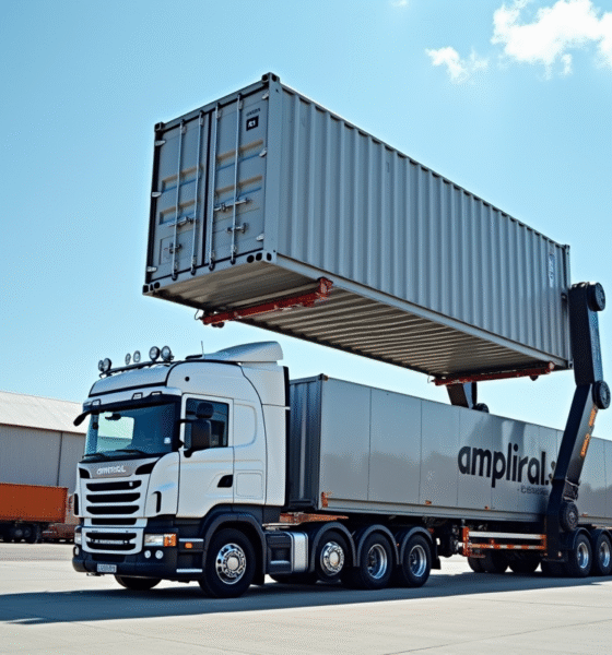 Camion ampliroll soulevant un conteneur métallique dans un yard industriel