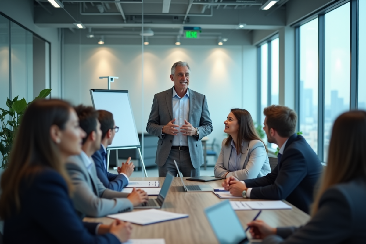 Homme en atelier facilitant une discussion avec un groupe