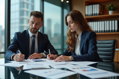 Deux auditeurs professionnels en réunion dans un bureau moderne