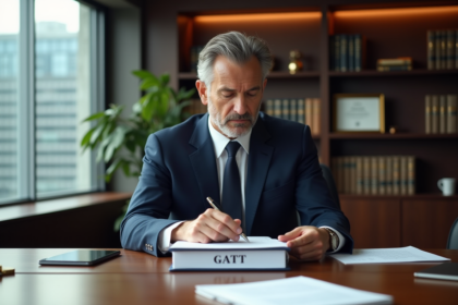 Avocat en costume bleu examinant un dossier GATT dans son bureau