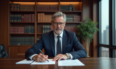 Avocat homme en costume navy dans un bureau élégant