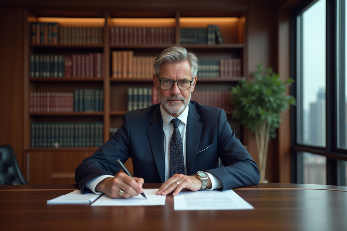Avocat homme en costume navy dans un bureau élégant