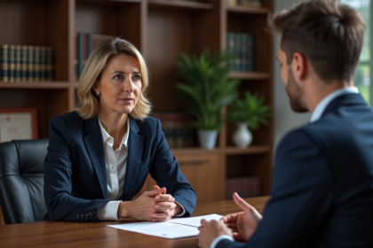 Avocate en costume navy lors d'une réunion avec un client
