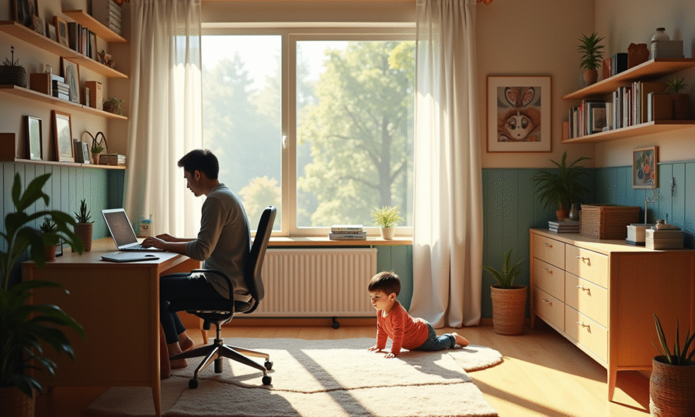 Bureau moderne à la maison avec personne au travail et enfant jouant
