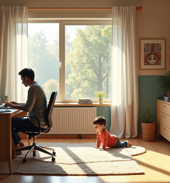 Bureau moderne à la maison avec personne au travail et enfant jouant
