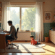 Bureau moderne à la maison avec personne au travail et enfant jouant