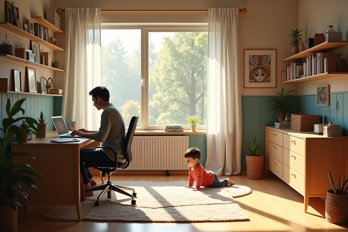 Bureau moderne à la maison avec personne au travail et enfant jouant