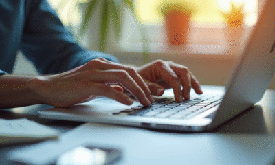 Mains tapant sur un clavier d'ordinateur avec documents et smartphone