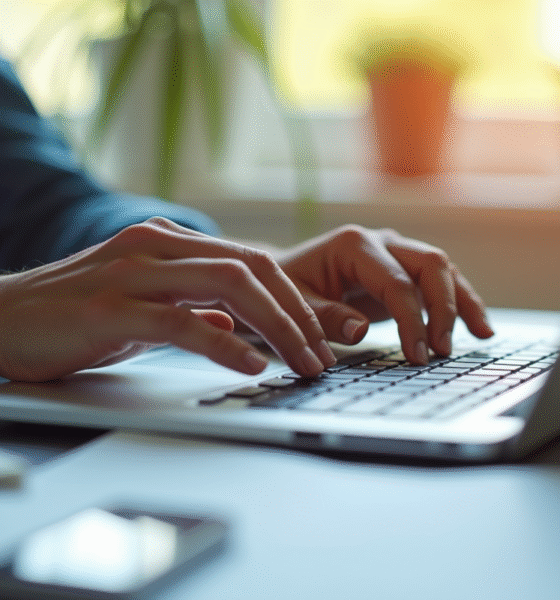 Mains tapant sur un clavier d'ordinateur avec documents et smartphone