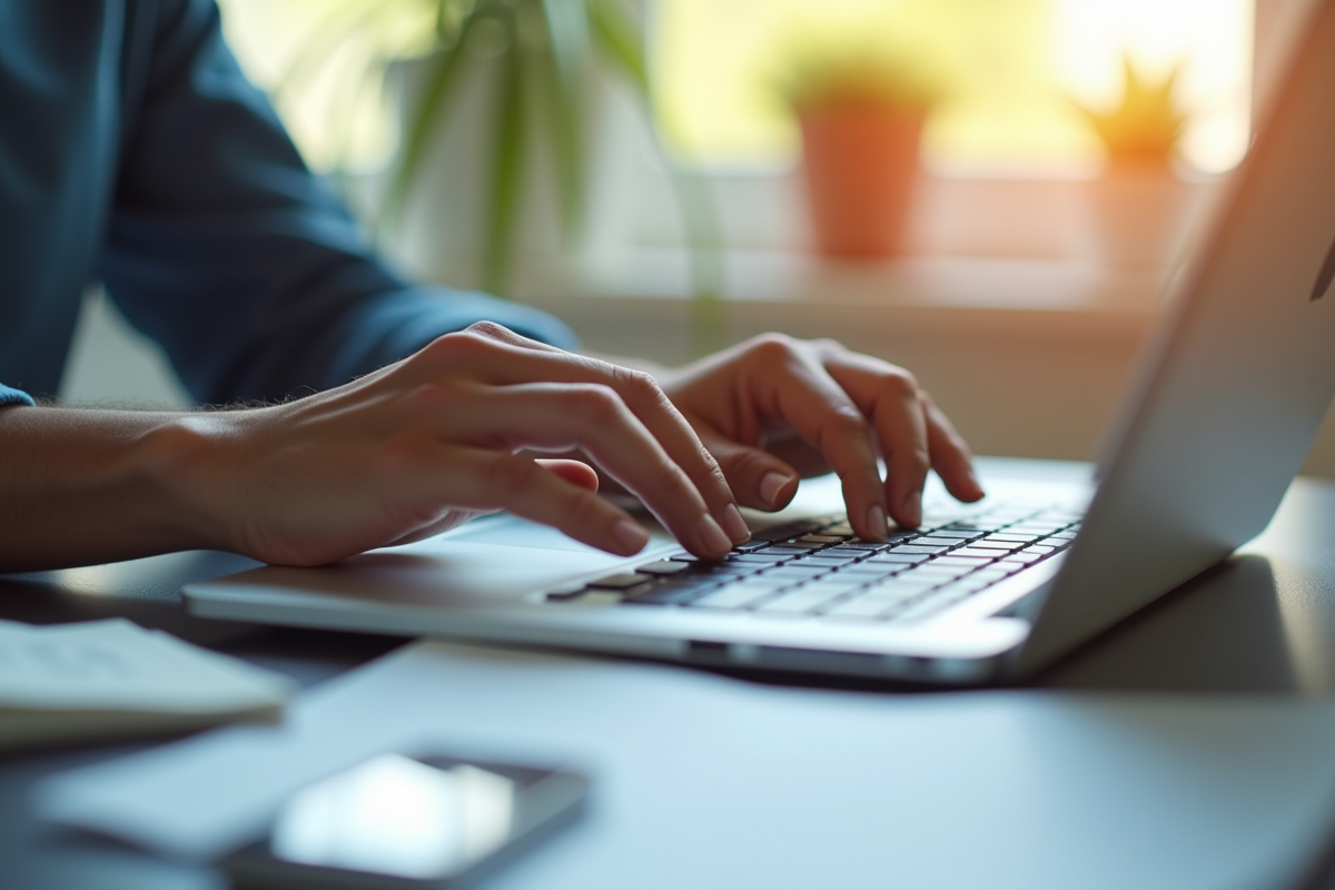 Mains tapant sur un clavier d'ordinateur avec documents et smartphone