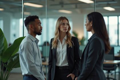 Trois collègues dans un bureau moderne une jeune femme isolée