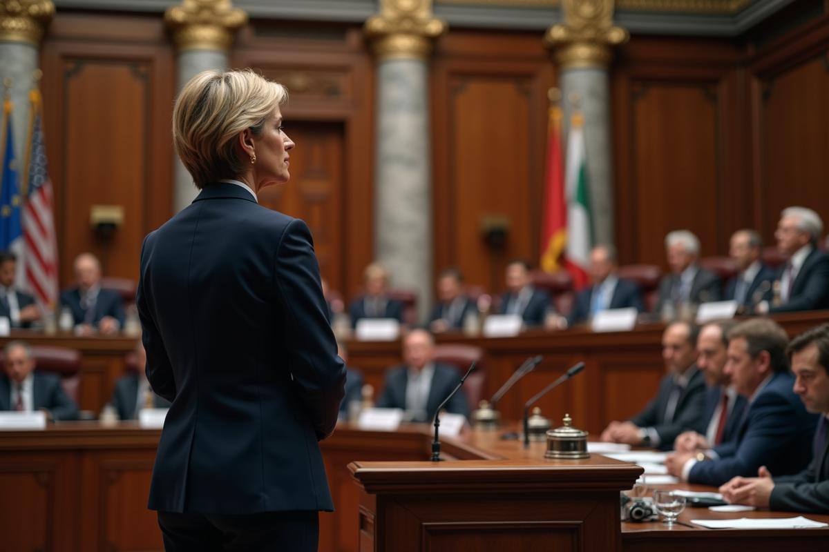 Femme en costume navy parlant lors d