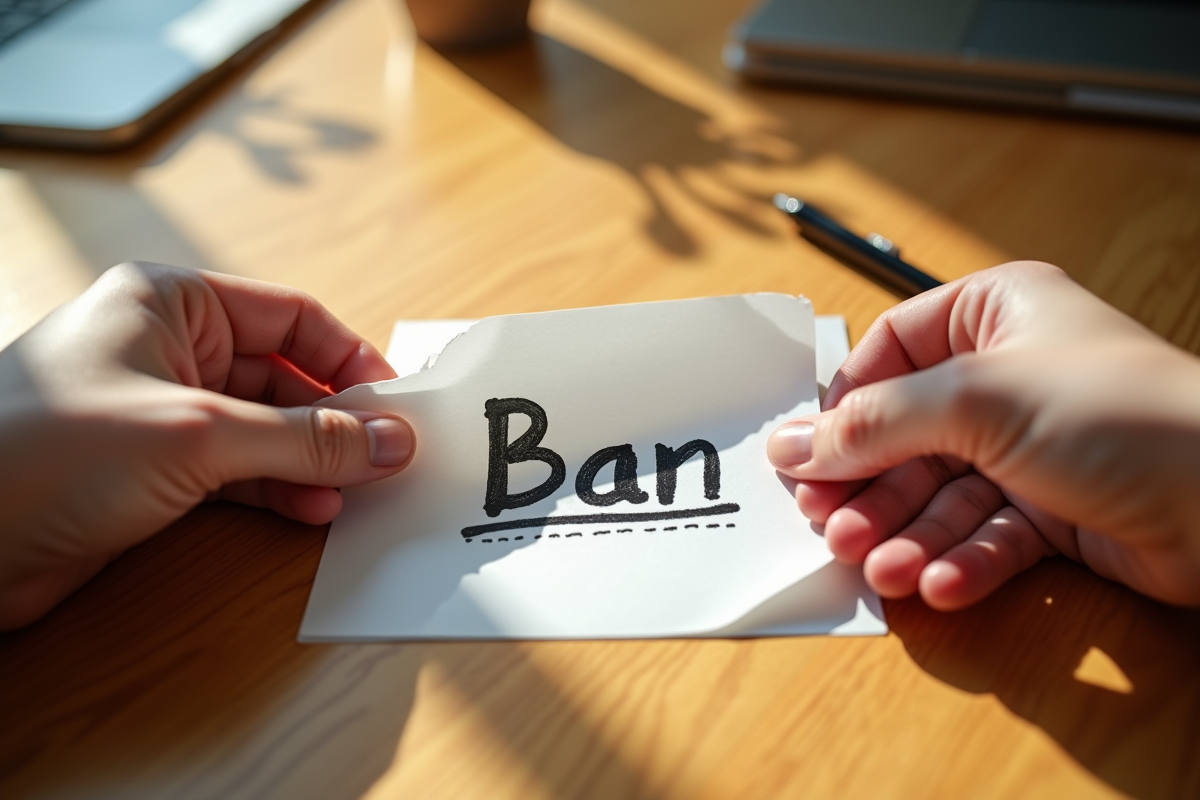 Deux mains déchirant une feuille avec écrit ban