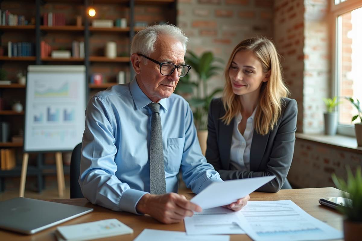 Auditeur senior discutant avec une jeune entrepreneuse dans un bureau lumineux