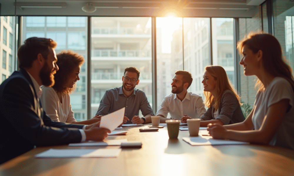 Groupe de collègues au bureau lors d'une réunion conviviale