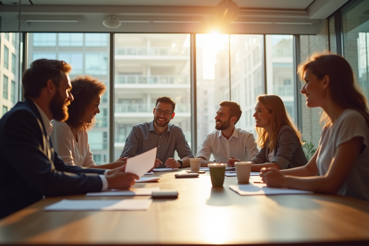 Groupe de collègues au bureau lors d'une réunion conviviale