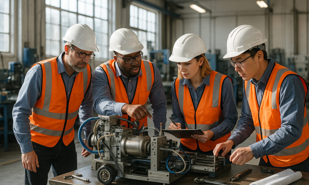 Équipe d'ingénieurs en sécurité dans une usine moderne