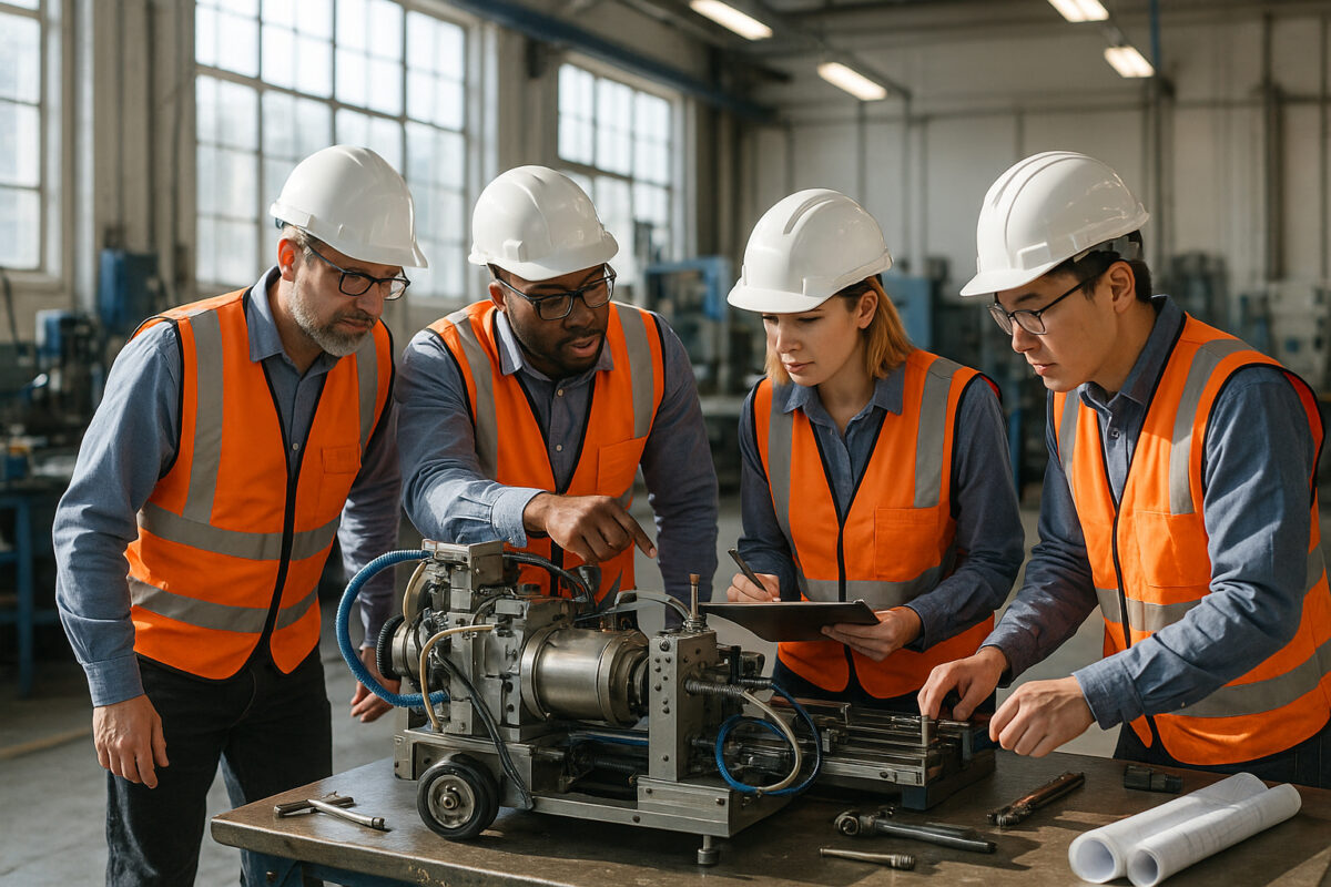 Équipe d'ingénieurs en sécurité dans une usine moderne