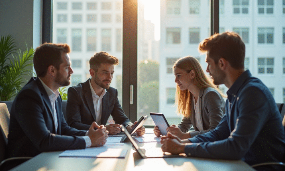 Groupe de jeunes professionnels en réunion dans un bureau lumineux
