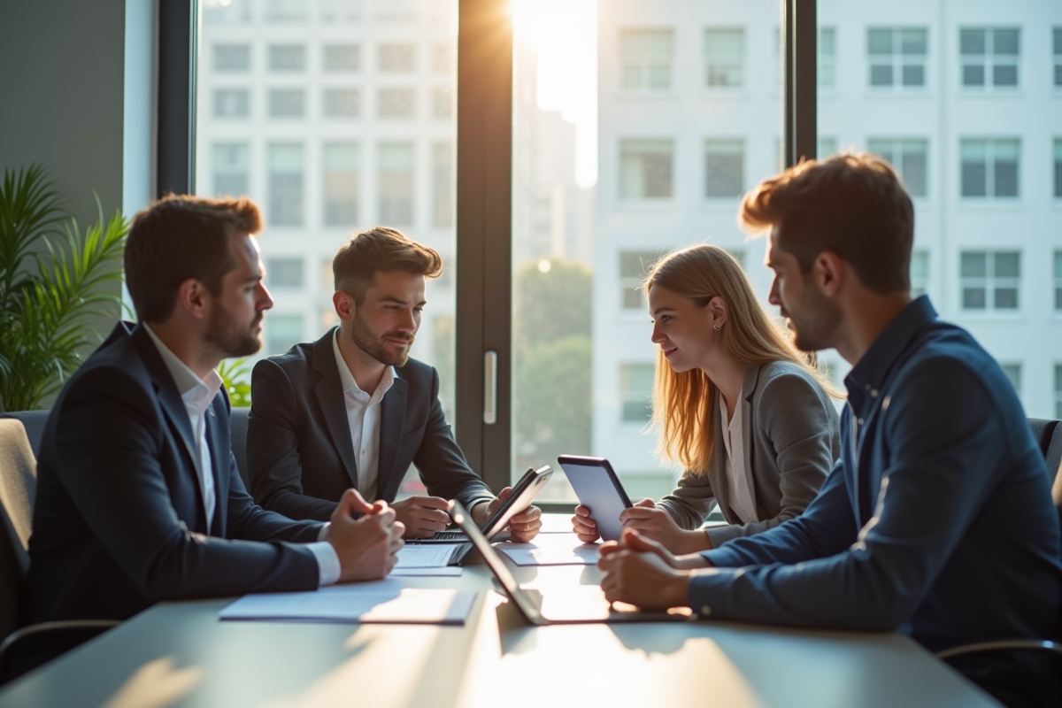 Groupe de jeunes professionnels en réunion dans un bureau lumineux