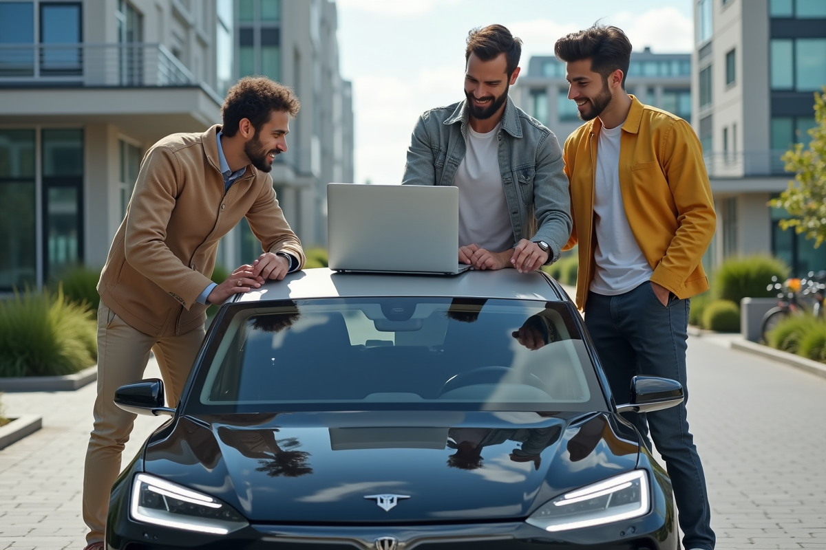 Jeunes ingénieurs discutant devant un SUV électrique futuriste