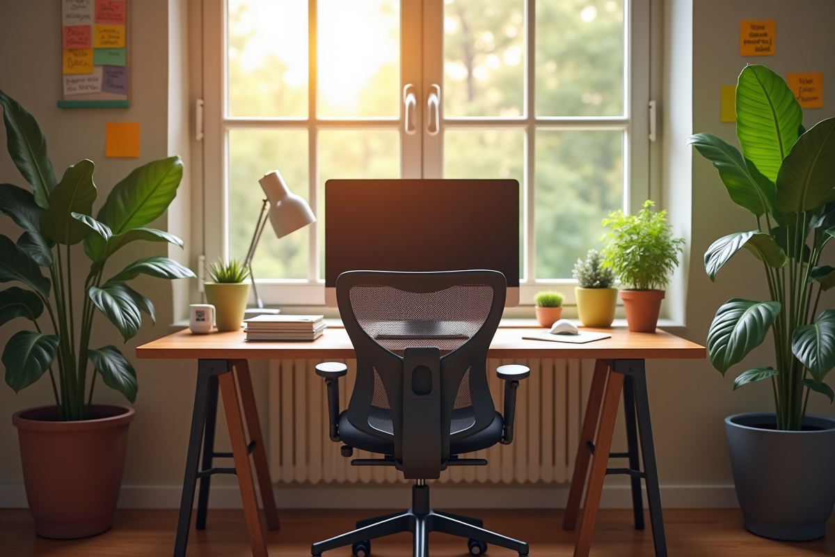 Espace de travail à domicile avec plantes et notes motivantes
