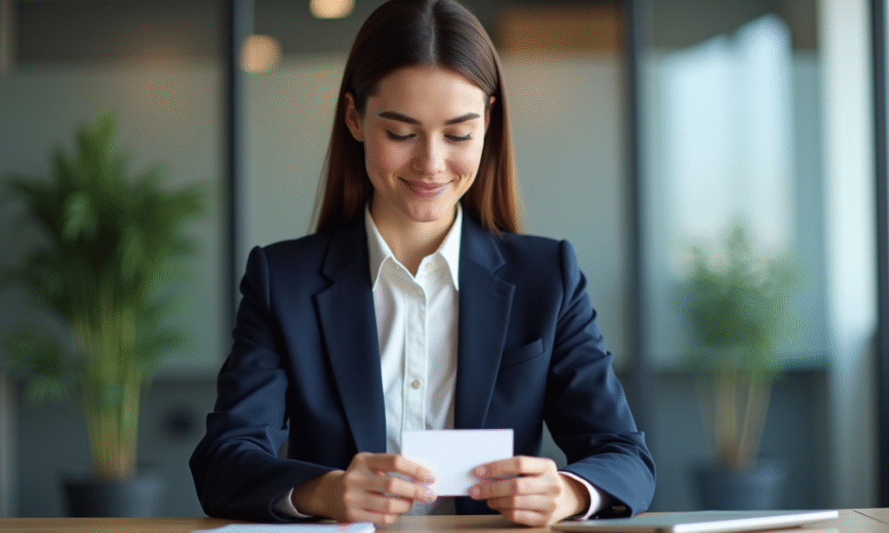 Jeune femme d'affaires examine des cartes de visite dans un bureau moderne