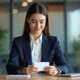 Jeune femme d'affaires examine des cartes de visite dans un bureau moderne