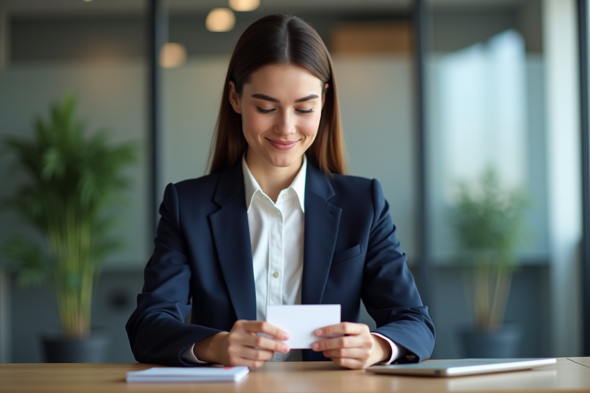 Jeune femme d'affaires examine des cartes de visite dans un bureau moderne