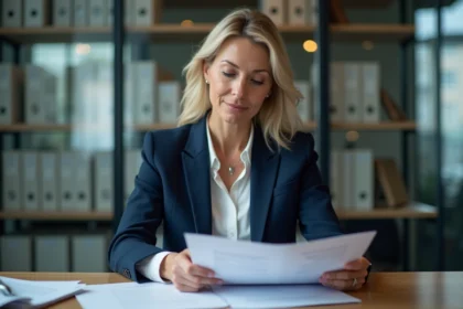 Femme d affaires en costume bleu examinant des papiers