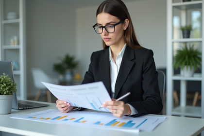 Jeune femme professionnelle analysant un graphique marketing