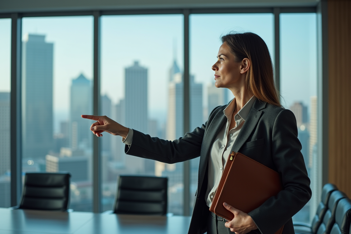 Femme confiante en réunion avec graphiques de fusion