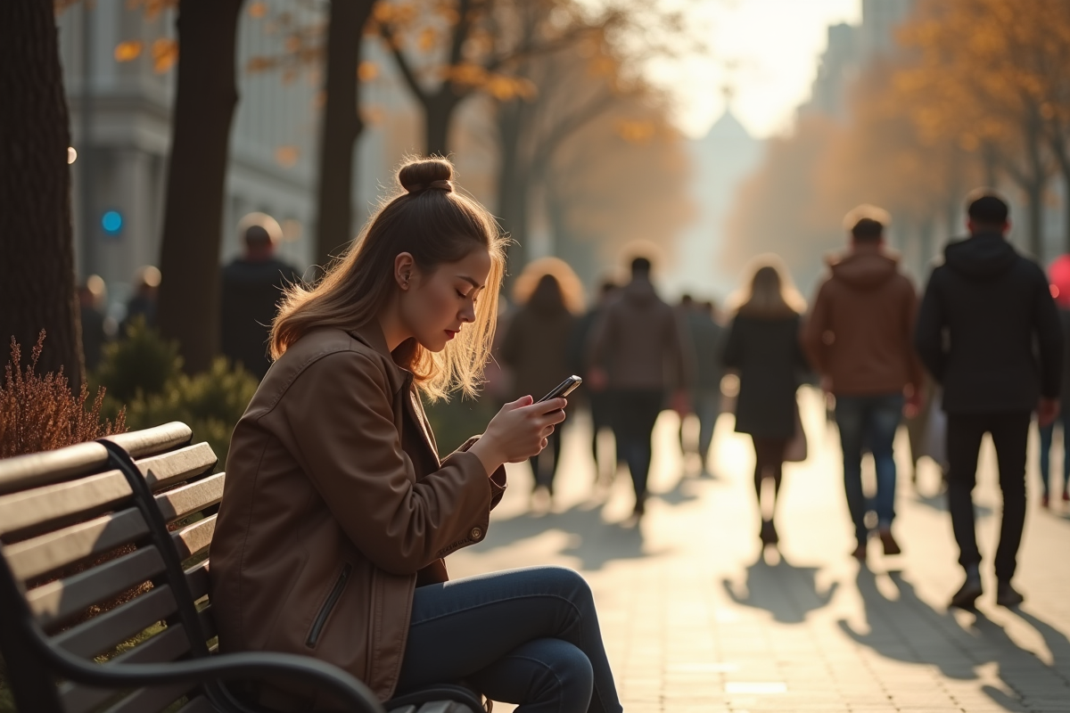 Jeune femme seule sur un banc en ville regardant son téléphone