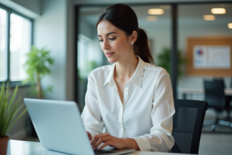 Femme professionnelle travaillant sur son ordinateur dans un bureau lumineux