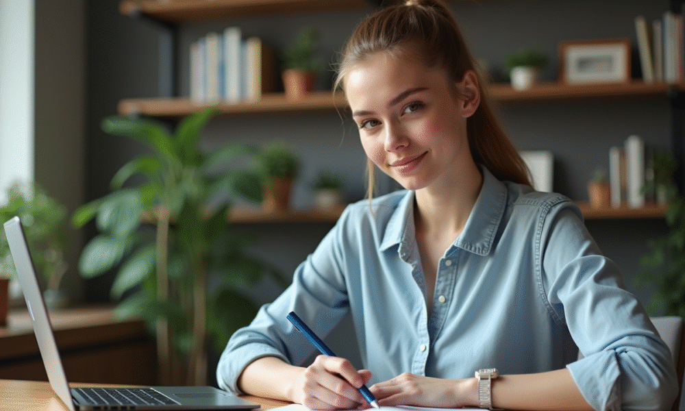 Jeune femme en bureau moderne travaillant sur son ordinateur