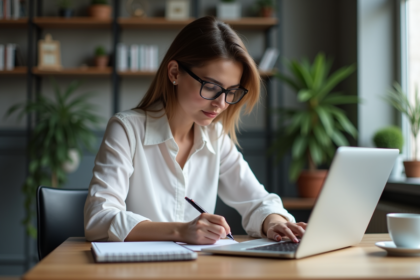Femme au bureau en blouse et lunettes dans un espace moderne