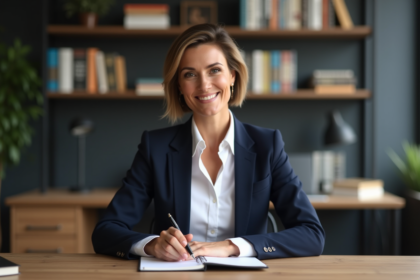 Femme confiante en bureau moderne avec livres de développement personnel