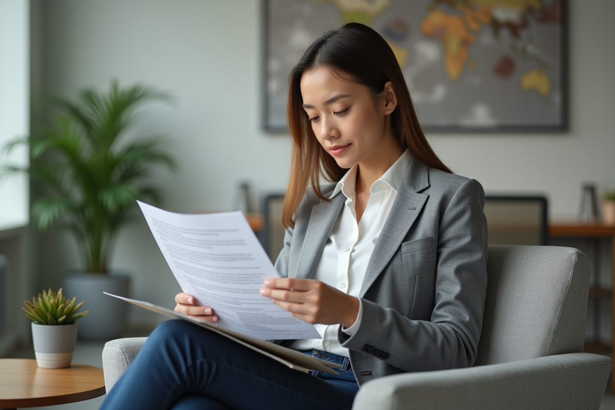 Jeune femme en réunion examinant un contrat juridique