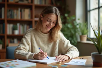 Femme créative décorant un carnet avec des stickers