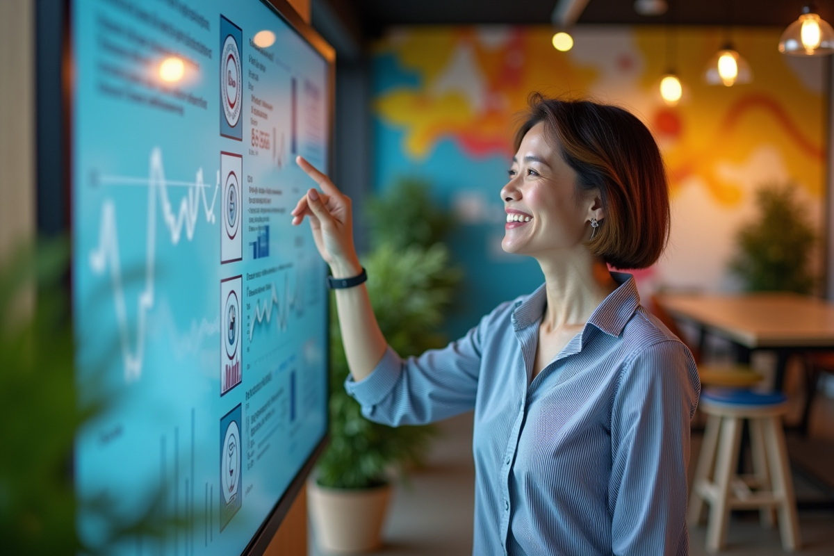 Femme souriante utilisant un écran tactile dans un espace de coworking