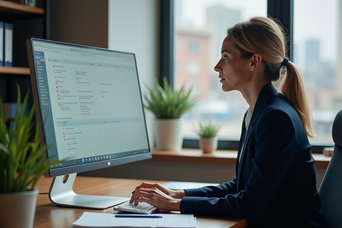 Manager regardant un planning sur son ordinateur dans un bureau organisé