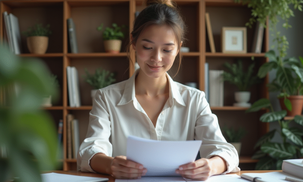 Femme organisée triant des papiers officiels dans son bureau