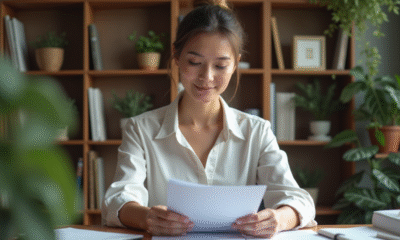 Femme organisée triant des papiers officiels dans son bureau