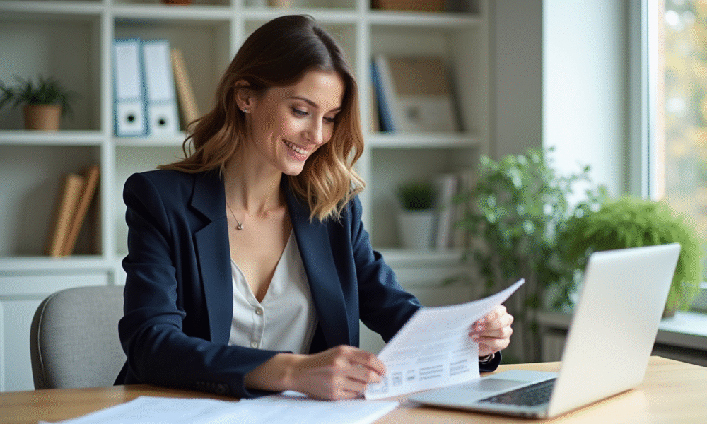 Femme organisée dans son bureau lumineux en train de trier des papiers