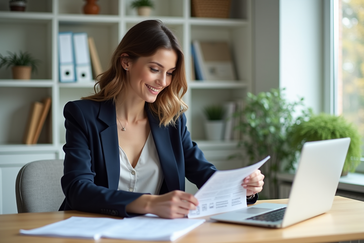 Femme organisée dans son bureau lumineux en train de trier des papiers