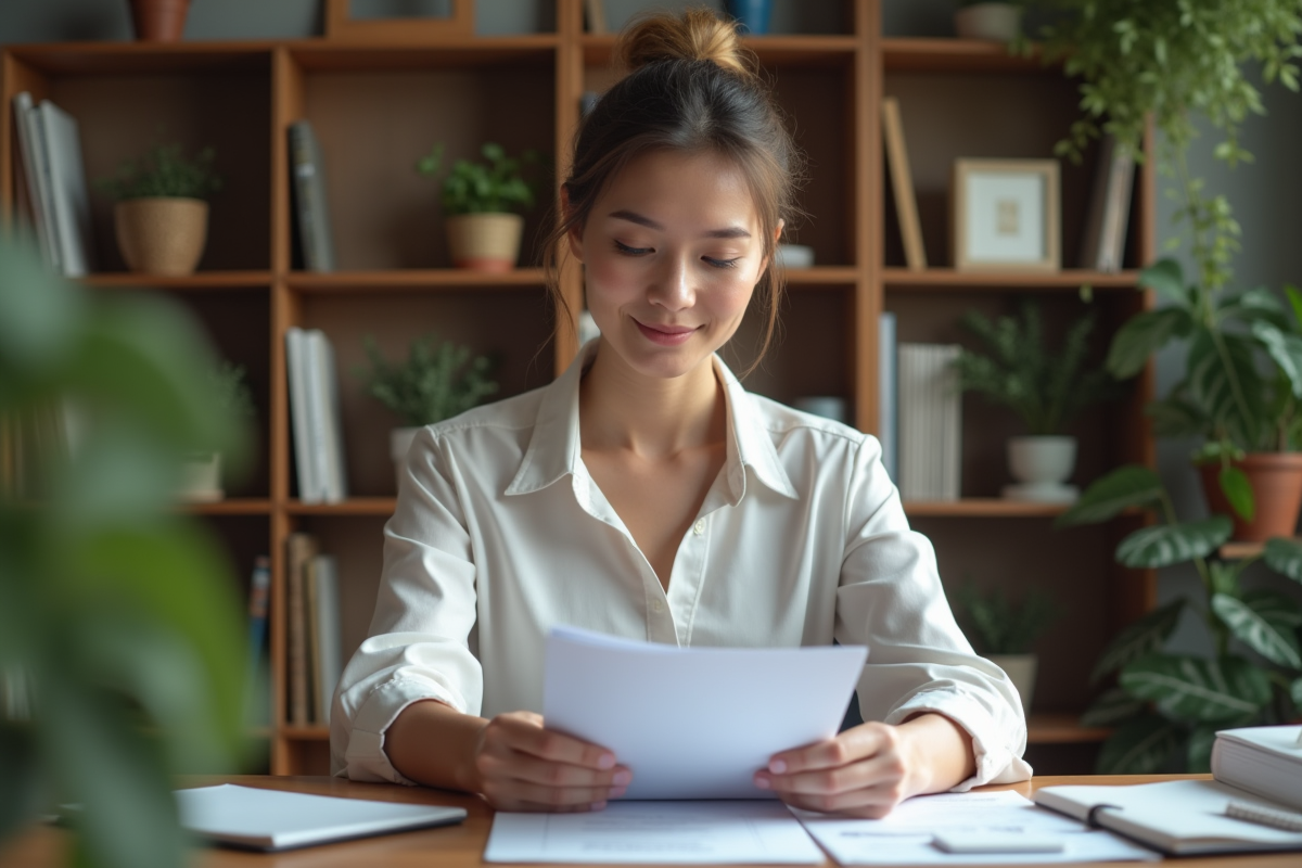 Femme organisée triant des papiers officiels dans son bureau
