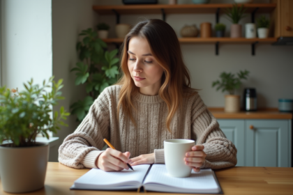 Femme concentrée prenant des notes dans son planner à la maison